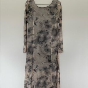 Allison Brittney Gray & Cream Tie-Dye Long Sleeve Maxi Mesh Dress